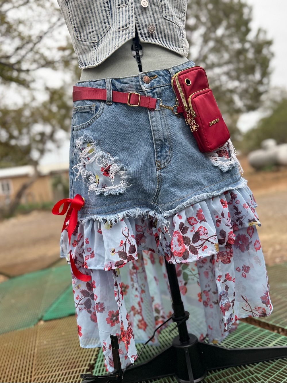 Floral Layered Denim Mini Skirt with Red Ribbon Detail